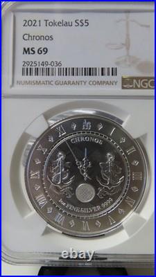 2021 TOKELAU Chronos Clock Time Silver 1oz NGC MS69. Low Population Graded