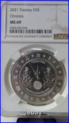 2021 TOKELAU Chronos Clock Time Silver 1oz NGC MS69. Low Population Graded 2021 TOKELAU Chronos Clock Time Silver 1oz NGC MS69. Low Population Graded