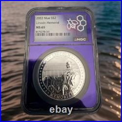 2022 Lincoln Memorial 1oz. 999 Silver Coin Niue $2 Graded MS 69 NGC Purple Core