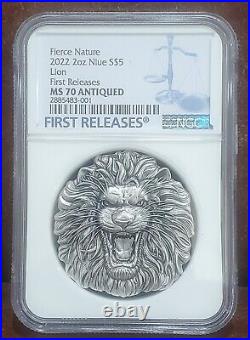 2022 NGC MS 70 NIUE 2oz Silver $5 FIERCE NATURE LION First Release