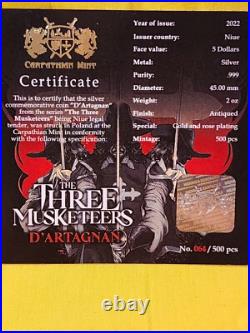 2022 Niue 2 oz Antique Silver The Three Musketeers D'Artagnan Only 500 Made 2022 Niue 2 oz Antique Silver The Three Musketeers D'Artagnan Only 500 Made