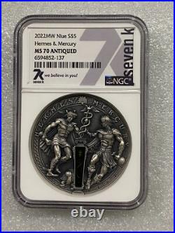 2022 Niue Hermes & Mercury $5 2 oz Silver Antique Coin MS 70