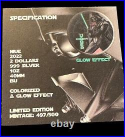 2022 Niue Star Wars Darth Vader Colorized Glow In Dark. 999 Silver Coin