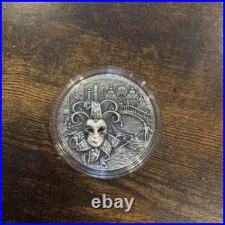 2022 Niue Venetian Mask II 2oz Antiqued, Diamond. 999 Silver Coin 5$ /500