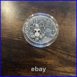 2022 Niue Venetian Mask II 2oz Antiqued, Diamond. 999 Silver Coin 5$ /500