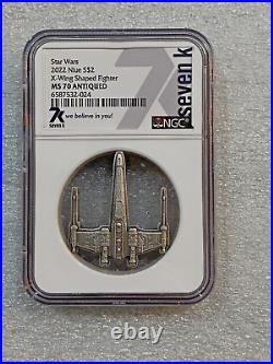 2022 Star Wars X-Wing Shaped Fighter 1 Oz Silver NGC MS70 Antiqued Coin RARE