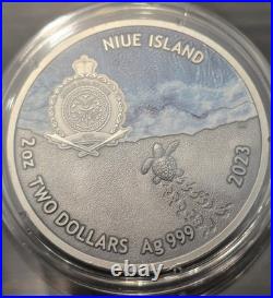 2023 $2 Niue Loggerhead Sea Turtle Lifelong Journey 2 oz Antique Silver in OGP