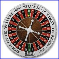 2023 $3 Nuie 1.5 Oz Silver Roulette Wheel Spinning Colorized Coin Prooflike Ogp