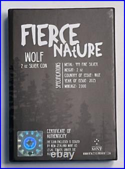 2023 Niue Fierce Nature Wolf Coin, 2 oz. 999 Fine Silver in OGP, #00244
