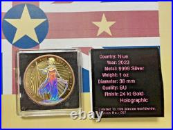 2023 Niue Hibernia Holographic 24k Gold Gilded 1 oz Silver Only 100 Mintage
