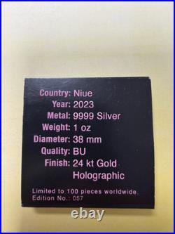 2023 Niue Hibernia Holographic 24k Gold Gilded 1 oz Silver Only 100 Mintage