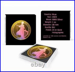 2023 Niue Hibernia Holographic 24k Gold Gilded 1 oz Silver Only 100 Mintage