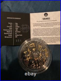 2024 Niue 2 oz Silver Antique Vikings (Gilded) with Box & COA. 999 #034