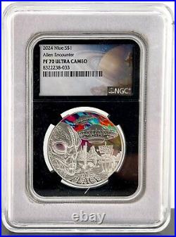 2024 Niue Alien Encounter 1 oz Silver Coin NGC PF 70 UCAM Galaxy Label 90 MINTED 2024 Niue Alien Encounter 1 oz Silver Coin NGC PF 70 UCAM Galaxy Label 90 MINTED