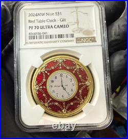 2024 Niue Faberge Art Red Table Clock 1oz. 999 Silver Coin NGC PF 70 Ultra Cameo