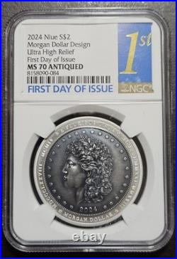 2024 Niue S$2 Morgan Dollar Design Ultra High Relief FDOI NGC MS70 Antiqued
