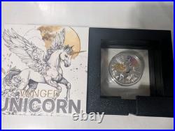2025 17.5 Grams. 999 Silver Niue Proof Winged Unicorn Laser Colored COA Display