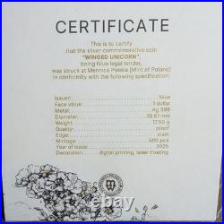 2025 17.5 Grams. 999 Silver Niue Proof Winged Unicorn Laser Colored COA Display