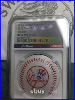 2025 $2 Niue Silver Yankees Baseball Curved Coin Ngc Reverse Pf70 Mlb Ea147