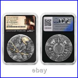 2025 Miyamoto Musashi 2 oz High Relief Silver Antiqued & Gold Gilded NGC