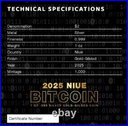 2025 NIUE BITCOIN $2 1 OZ. 999 PURE SILVER GOLD GILDED COIN WithBOX AND COA-1