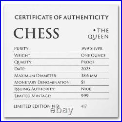 2025 Niue 1 oz Silver Chess Queen Black Proof (with Box & COA) 2025 Niue 1 oz Silver Chess Queen Black Proof (with Box & COA)