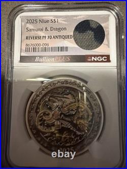 2025 Niue 1 oz Silver Reverse Proof Samurai & Dragon Rose and Gold Gild NGC PF70