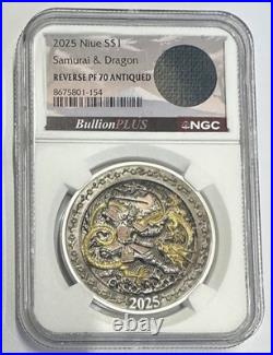 2025 Niue 1 oz Silver Reverse Proof Samurai & Dragon Rose and Gold Gild NGC PF70