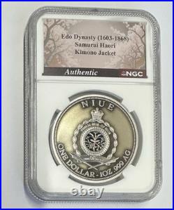 2025 Niue 1 oz Silver Reverse Proof Samurai & Dragon Rose and Gold Gild NGC PF70