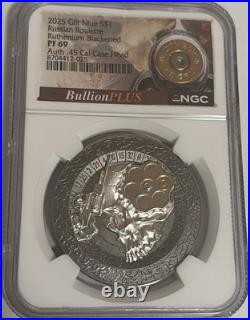 2025 Niue 1oz Silver Russian Roulette PF69 Ruthenium Blackened