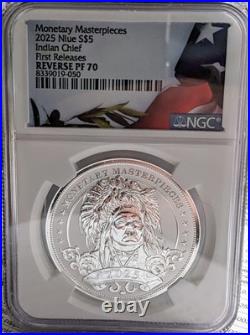 2025 Niue $5 Indian Chief Reverse Proof 70 NGC First Releases. 999 Pure silver 2025 Niue $5 Indian Chief Reverse Proof 70 NGC First Releases. 999 Pure silver