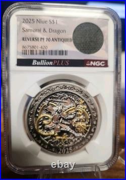2025 Niue S$1 Samurai & Dragon 1 Oz. 999 Reverse Pf 70 Antiqued Kimono 2025 Niue S$1 Samurai & Dragon 1 Oz. 999 Reverse Pf 70 Antiqued Kimono
