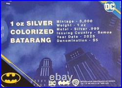 2025 Silver Samoa Batman BLACK Batarang Colorized 1 Oz 999 Silver Shaped Coin DC