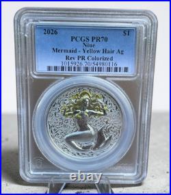2026 Niue $1 Mermaid Yellow Hair Rev PR Colorized 1 oz. 999 Silver PCGS PR70