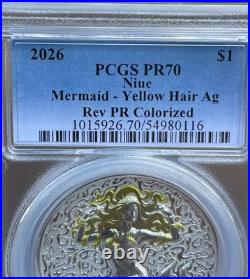 2026 Niue $1 Mermaid Yellow Hair Rev PR Colorized 1 oz. 999 Silver PCGS PR70
