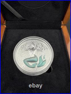 2026 Niue 5 Oz Silver Teal Tail Mermaid? /with Wooden Box 5oz of Rare Silver
