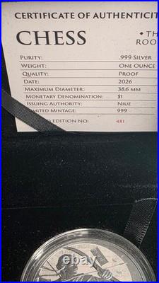 2026 Niue CHESS ROOK 1 oz. 999 Silver Proof Coin $1 Limited Mintage 999 + COA Bo