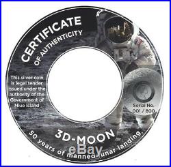 3D MOON with Moon Rock NWA 7959 insert 2 oz Silver Rhodium PL Coin $2 Niue 2019