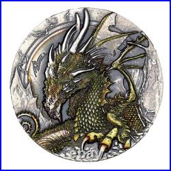 50g Silver Coin 2023 Niue $2 The Fire Drake Dragon Ultra High Relief Antiqued