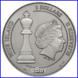 CHESS COIN Niue 5$ 2018 Silver AF 999. 2oz Ø63mm with REAL MINI CHESS PIECES
