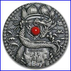 CHINESE DRAGON 2 oz Silver Coin Antiqued with Coral Niue 2018 COA and Box