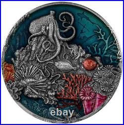 Coral Reef 2021 2 Oz Pure Silver High Relief Antique Finish Coin Niue