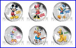 DISNEY MICKEY AND FRIENDS 1 OZ. SILVER 6-COIN SET MATCHING COA FOR ALL