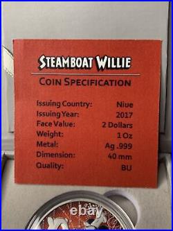 Disney Mickey Mouse New Year Steamboat Willie 1oz. 999 Silver Coin Colorized