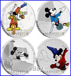 Disney Mickey Through The Ages 4-coin Set 1 Oz. Silver Coins With All Ogp