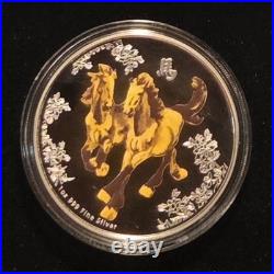 FENG SHUI HORSES 2014 Niue $5 1oz. 999 Fine Silver Proof Colorized Coin with COA