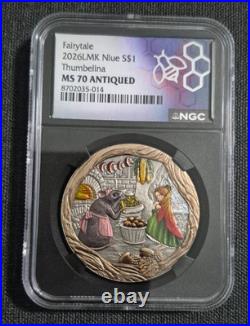 Fairytale 2026LMK Niue S$1 Thumbelina NGC MS 70 Antiqued 1 oz. 999 Fine Silver