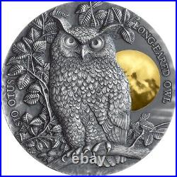 Long-Eared Owl Wildlife in the Moonlight 2 oz Antique finish Silver Coin 5$ Niue