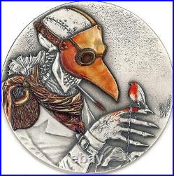 NEW! 2021 Niue $2 Plague Doctor 50g. 999 Silver Antiqued Coin 250 Made Box & COA