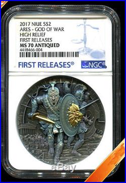 NGC MS70 2017 Niue Ares God of War 2oz Antique Silver High Relief Coin